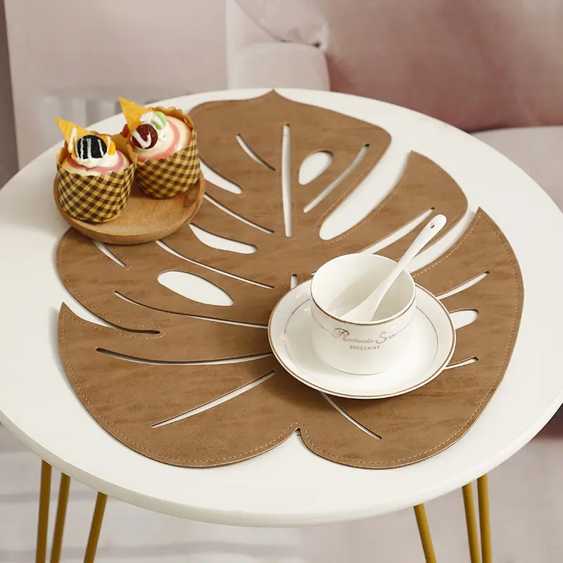 Tapete de mesa em forma de folha oca de couro criativo outono marrom tartaruga folha traseira tapete de mesa ocidental de luxo