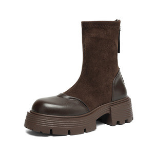 รองเท้าบูทแฟชั่นสไตล์เกาหลีแบบใหม่ประจำปี 2026 พื้นหนา ส้นตึก ส้นกลาง รองเท้าบูทสั้น รองเท้าบูทหุ้มข้อกลางน่อง รองเท้าผู้หญิง - Product Image 1