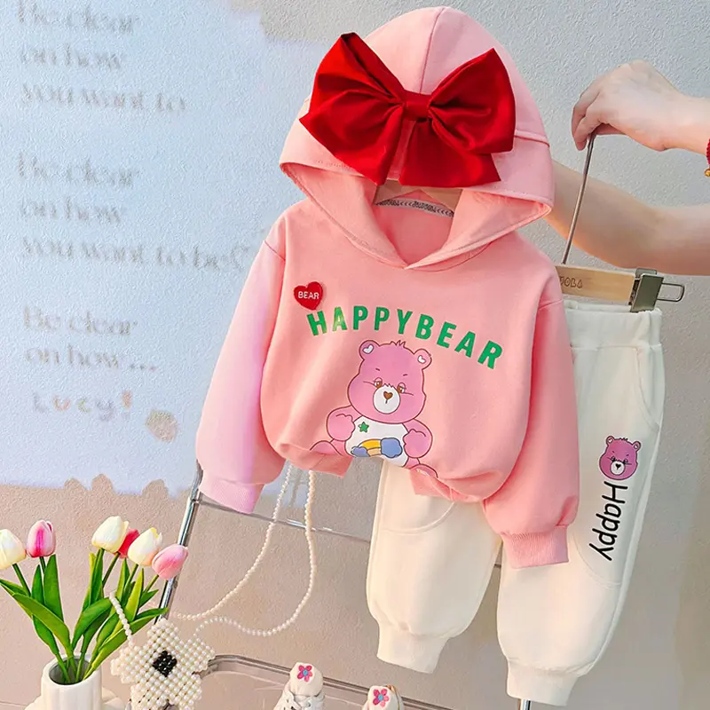Girls Hooded Sweater Suit Spring and Autumn 2023 New Style Little Girl Loose Bow Cartoon Long-sleeved Trousers Autumn Suit 2PCS
