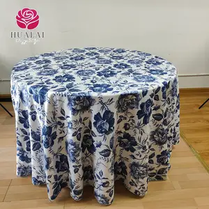 wholesale jungle theme round rectangular cheap fancy big flower print blue rose table cloth cover decorative for wedding banquet