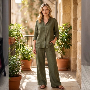 2026 New Arrival Women's Leisure Suit Solid Print Cotton <strong>Linen</strong> <strong>Two</strong> <strong>Piece</strong> Set with Long Sleeve Top and Pants for Women - Product Image 4