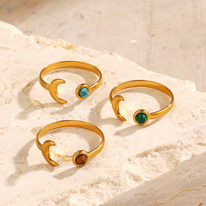 Fashion Popular Natural <strong>Stone</strong> Turquoise Malachite Tiger's Eye Inlaid Stainless Steel <strong>Moon</strong> Adjustable <strong>Ring</strong> - Product Image 2