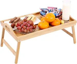 Draagbare Bamboe Bedlade Tafel Met Opvouwbare Poten Ontbijt & Snack Serveerrek Bekerhouder Voor Kantoorgebruik Of Thuiswerkplekken