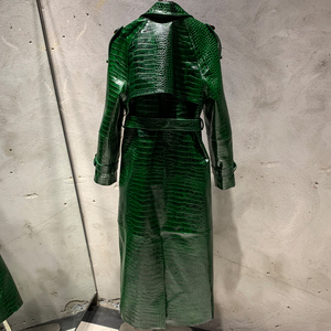 Giacca in Pelle Verde Goffrata Effetto Coccodrillo per <span class=keywords><strong>Donna</strong></span>, Cappotto Lungo con Cintura, <span class=keywords><strong>Trench</strong></span> Vintage Lungo - Product Image 2