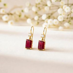 Natural <b>Red</b> Ruby Rectangle Faceted Dangle <b>Earrings</b> with CZ Accent in 925 Sterling Silver or 18K Gold Filled Minimalist Gemstone - Product Image 1