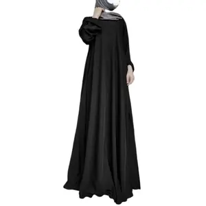 Düz renk saten kumaş rahat gevşek kabarcık kol elbise orta doğu müslüman için nefes hafif Polyester yetişkin Abaya