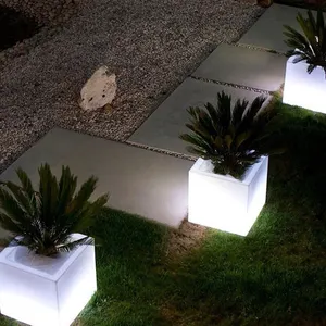 Vaso de plantas iluminado cilíndrico led, decoração para jardim com controle remoto