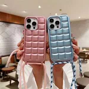 Fashion crossbody strap lanyard phone case for iphone 15 14 13 12 pro max shockproof plating square lattice bumper soft cover