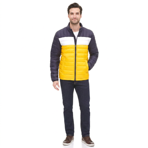 Custom Color Block Winter Men <b>Canvas</b> Puffer Jackets Stand Collar Front Logo Stylish 100% Breathable Material Three Tone Design - Product Image 1