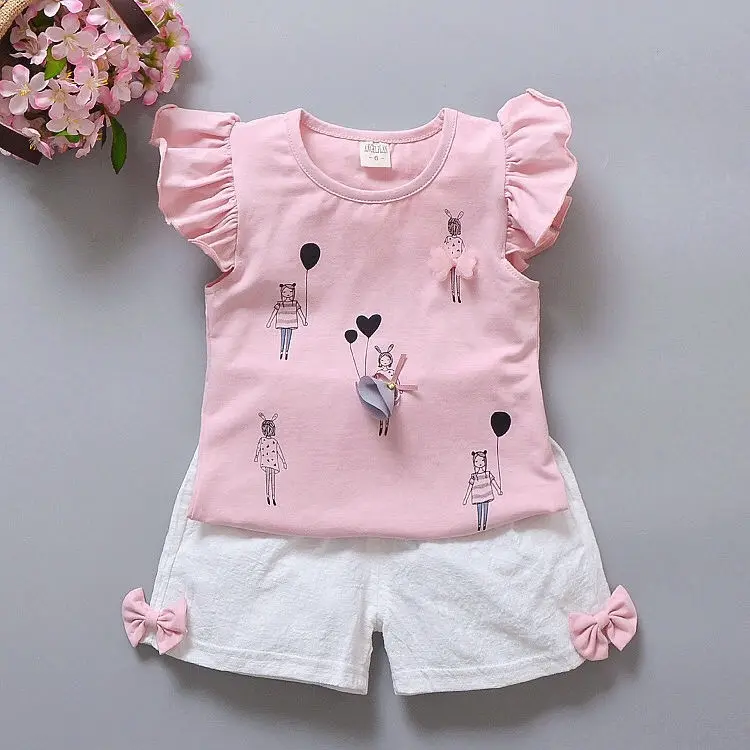 The butterfly sleeves crown print tshirts and short children girls clothes kids little baby girls' clothing sets