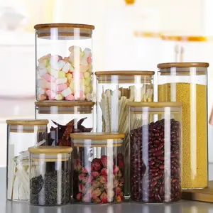 Độ Ẩm Khô Kích Thước Khác Nhau Borosilicate Thủy Tinh Lưu Trữ Thực Phẩm Canister Jar Với Tre Bằng Gỗ Nắp