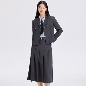 Women's Dark Gray Suit Set Midi Skirt Professional Workwear For Office Interviews Solid Color Polyester Fabric - Product Image 1