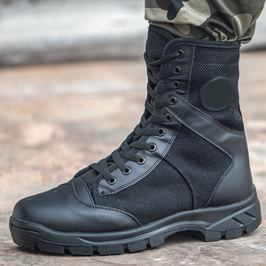 Bottes tactiques montantes en maille et cuir patchwork respirantes antidérapantes pour l'entraînement en extérieur à talon bas couleur unie - Product Image 1