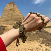 Bracelet vintage bohème à maillons, anneaux de doigt esclave, anneaux de danse du ventre avec pendentif clochette et pièce de monnaie, chaîne tendance pour mariage