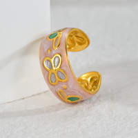 Cincin Terbuka Berlapis Emas Trendy dengan Hiasan Bunga Kupu-Kupu Enamel yang Modis dan Berlebihan untuk Wanita