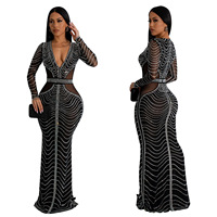 Élégante Robe de Soirée Longue pour Femmes, Manches Longues Col V, Couleur Unie avec Strass