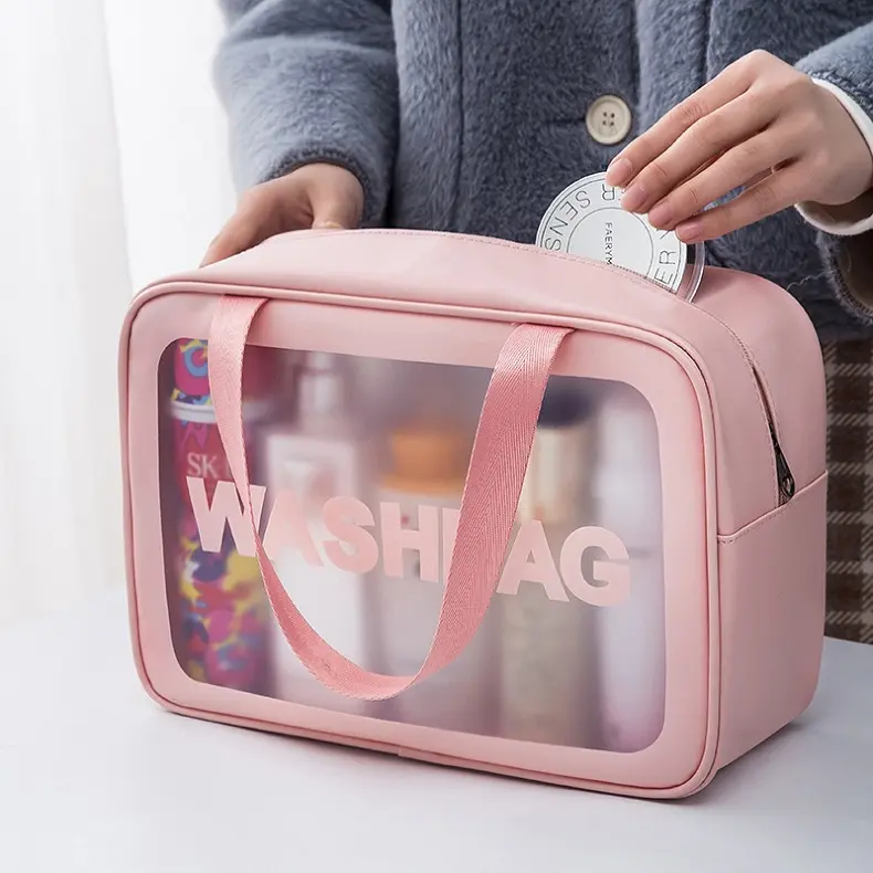 Wholesale/Customized PU Frosted Pink Waterproof Cosmetic Bag,Large Capacity Swimming Bag,Transparent Wash Travelling Bag