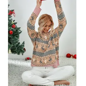 女式批发定制印花圆领男女通用针织圣诞毛衣套头衫冬季圣诞女装女式羊毛衫