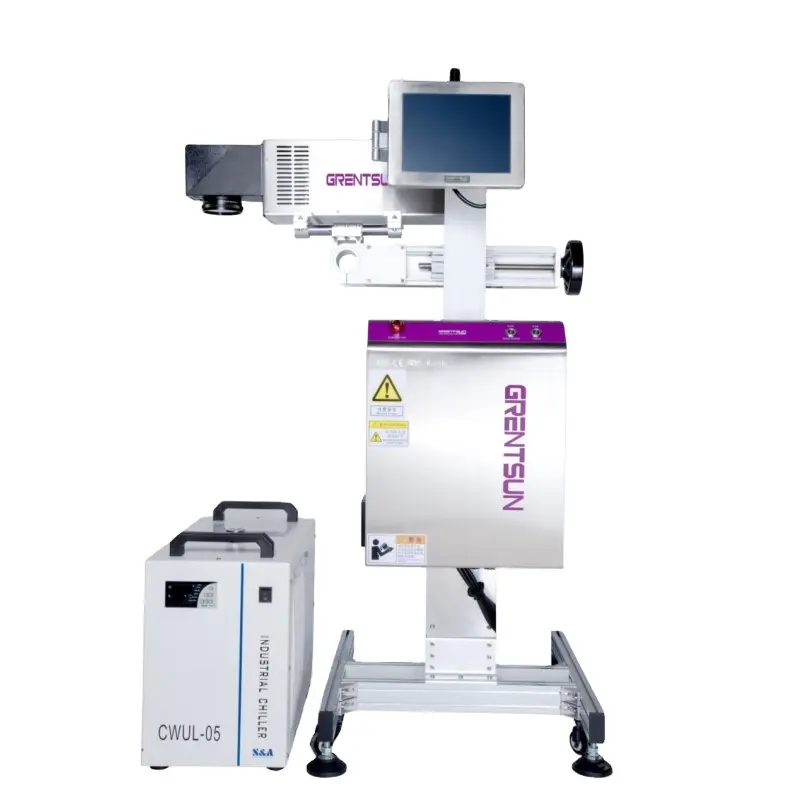 طابعة ترميز بالأشعة فوق البنفسجية بغطاء الزبادي من مصنع Grentsun ، ماكينة وسم تاريخ انتهاء الصلاحية بالليزر 3 واط لخط إنتاج الحليب عالي السرعة