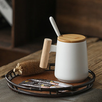 Tasses en céramique avec poignée en bois de style nordique, grande capacité, avec couvercle et cuillère, pour le thé, la maison, le bureau, Taza Cafe