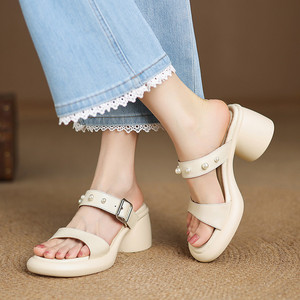 Sandalias de plataforma de verano, estilo nuevo, con punta abierta, cierres metálicos, perlas, sandalias de punta redonda modernas y sencillas - Product Image 3