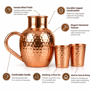 Hammered <b>Copper</b> Water jug With <b>Handle</b> And Two Matching Cups Vintage Style Metal Drinkware Set - Product Image 1