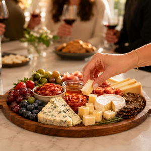 Wooden Double-Eared Serving <b>Tray</b> Round Cheese Charcuterie Board For Party Dining Hotel Use Dark Brown 12 Inch - Product Image 5