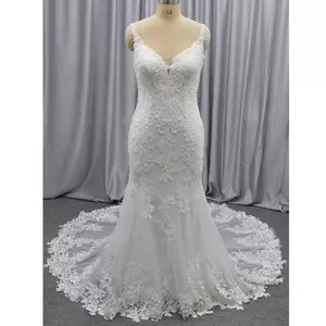 Warehouse Price Spaghetti Straps Beading mermaid wedding dress v-neck illusion bridal dress with Backless