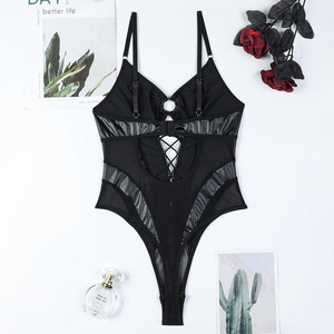 Body de cuero con cuello en V y aberturas, estilo bondage, nuevo conjunto de lencería transparente de malla para mujer - Product Image 6