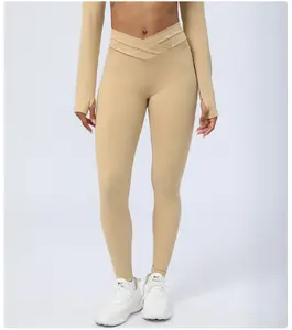 Calça de ioga de cintura alta para mulheres, leggings em forma de V, roupa fitness de elastano/nylon para levantar o bumbum, roupa de ginástica sólida e ativa, INS HOT