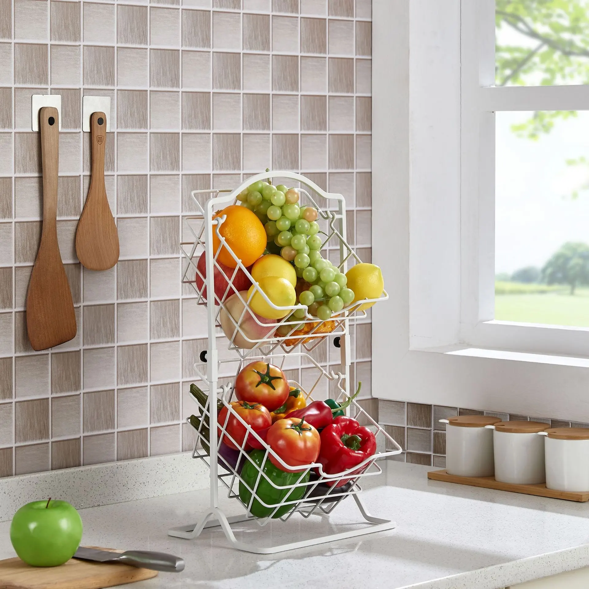 Jx-cesta de armazenamento de frutas e vegetais, cesta rotativa de duas camadas destacável para uso doméstico, lanches e armários