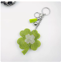 Porte-clés Trèfle à Quatre Feuilles Vert Clair, Best-seller, pour Sacs et Voitures, Ornement Scintillant Entièrement en Strass avec Pompons