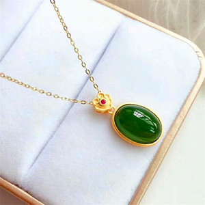 Arena oro amarillo oro Hetian Jade verde Calcedonia anillo ajustable mujer colgante Collar - Product Image 5