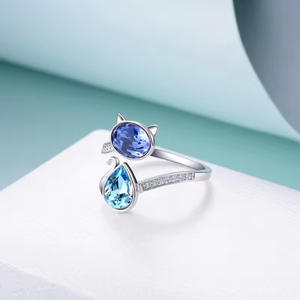 Anelli in Argento Sterling 925 con Cristalli a Forma di Gatto, Regolabili, con Gemme Blu e Viola, Gioielli per Donne - Product Image 3