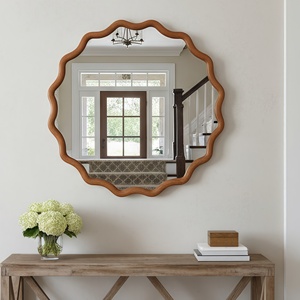 Yellowish Brown 30 Inch Wavy Round Solid Wood Frame Decorative <b>Mirror</b> For Bedroom Bathroom Living Room Entryway - Product Image 4
