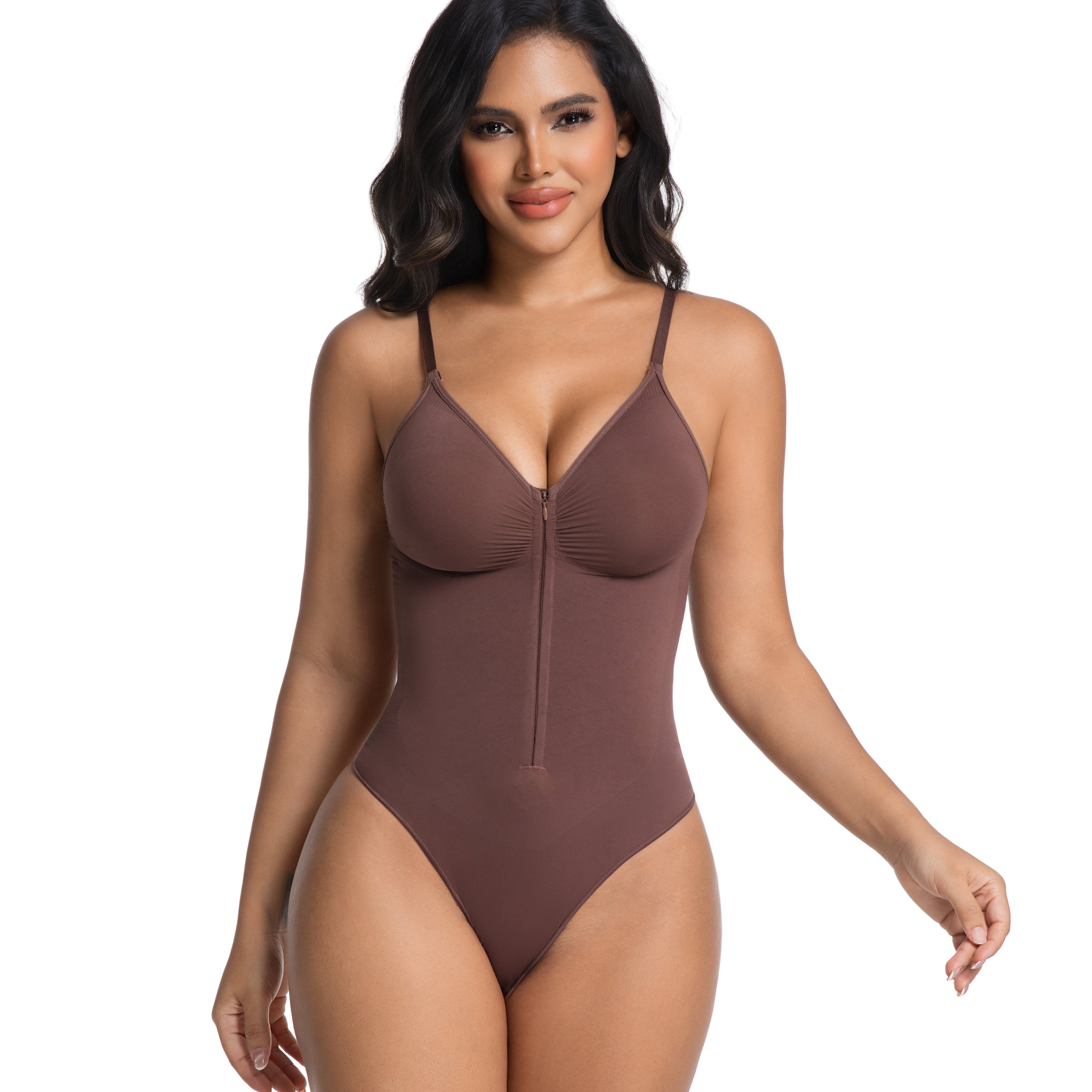 Zipper-Front Non-Slip Tummy-Control Thong: back view showing seat coverage and shaping construction