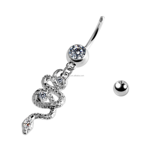 <span class=keywords><strong>Piercing</strong></span> all'<span class=keywords><strong>Ombelico</strong></span> in Acciaio Inox Placcato con Pendente a Forma di <span class=keywords><strong>Serpente</strong></span>, Barra Curva con Zirconi, Gioiello Punk per il Corpo - Product Image 2