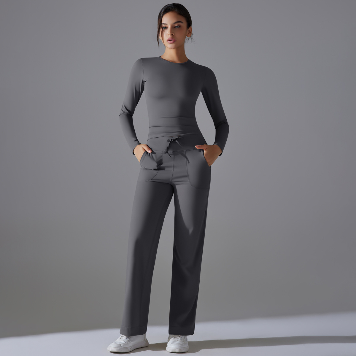 Lightweight Nylon Two-Piece Yoga Suit Double-Sided Long-Sleeved High Waist Wide Leg Solid Color Breathable Four-Way Stretch