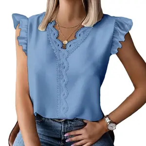 Blusa caliente Top 2024 nueva blusa suelta de retazos de encaje con cuello en V simple con volantes para mujer blusa de lino con volantes de alta calidad para mujer