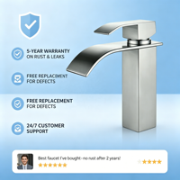 Robinet de lavabo cascade carré à poignée unique en acier inoxydable 304 chromé, moderne, pour salle de bain, vente en gros pour projets hôteliers