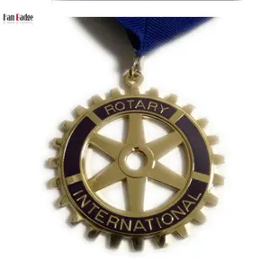 Custom Ribbon Medals Rotary International 2D Design Hard Enamel Medallions 24K Gold Plating