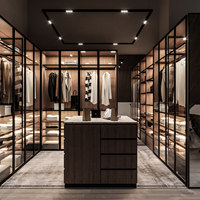 Dressing de luxe autoportant avec cadre doré, éclairage LED, armoire en bois sur mesure en forme de L, îlot central pour hôtel et école