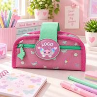 Trousse à crayons en tissu Oxford rose avec panneau avant transparent, poignée menthe et tirettes décoratives
