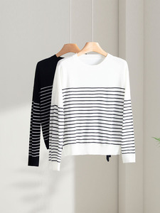 เสื้อสเวตเตอร์ไหมพรมผสมขนแกะลายทางสำหรับผู้หญิง แบบสั่งทำพิเศษ (OEM & ODM) สำหรับฤดูใบไม้ร่วงและฤดูหนาว - Product Image 1