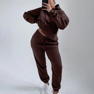 Conjunto Deportivo de Dos Piezas para Mujer, Talla Grande, Mezcla de Poliéster/Algodón Grueso, con Capucha, para Otoño/Invierno, Pantalones Deportivos Acampanados, OEM - Product Image 1