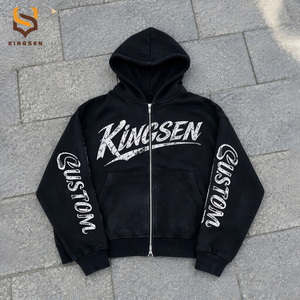 Personalisierter Distressed-Sleeve-Print, durchgehender Reißverschluss, schwerer Fleece-Pullover, überschnittene Schultern, Vintage-Waschung, Herren-Streetwear-Zip-Hoodie - Product Image 1