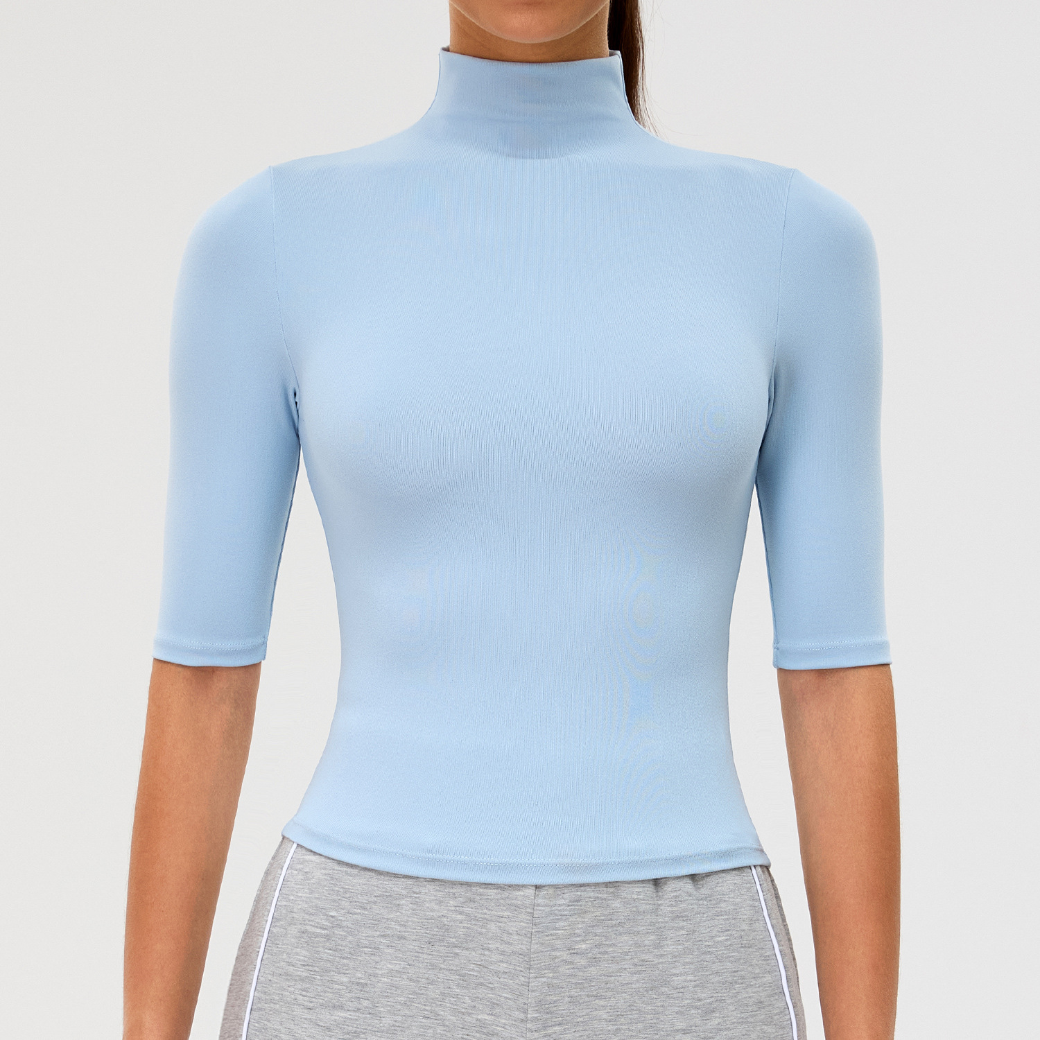 Wholesale Girls Ribbed Yoga Pilates Top Half-sleeve Fitness Workout Top High Neck Stretchy Running Sportswear