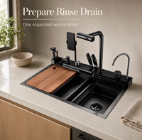 Évier de cuisine multifonction en acier inoxydable noir avec planche à découper, égouttoir, porte-vaisselle et double robinet pour villa, hôtel, OEM, ODM