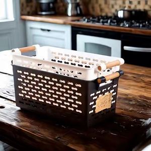 Sustainable Modern Rectangle <b>Plastic</b> Storage <b>Basket</b> Wood Handle Eco-Friendly Multifunction for Clothing Food Organization Home - Product Image 4