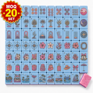 Juego de Mahjong Americano de Acrílico Azul y Rosa de Lujo, con Fichas de Mahjong Grabadas con Palmeras al Atardecer, en Caja - Product Image 1